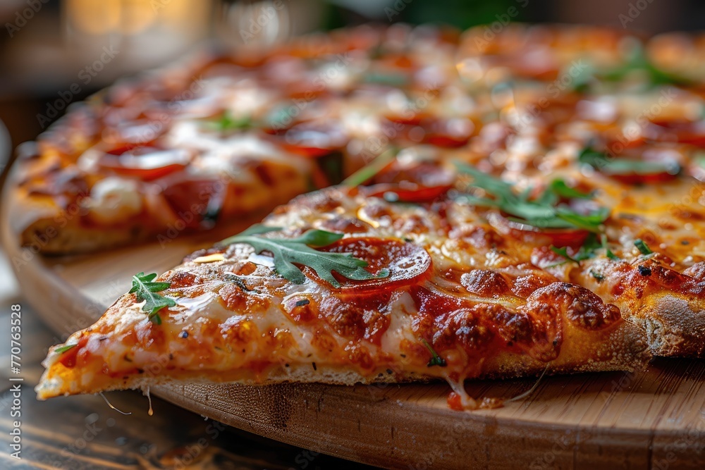 a slice of pizza is placed on a small modern wooden board on a clean kitchen table professional advertising food photography a slice of pizza is placed on a small modern wooden board on a clean kitchen table professional advertising food photography