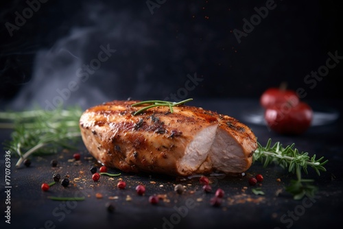 Delicious fresh grilled chicken fillet with spices and herbs on a dark concrete smoky background