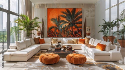 Modern Living Room with Tropical Decor and City View