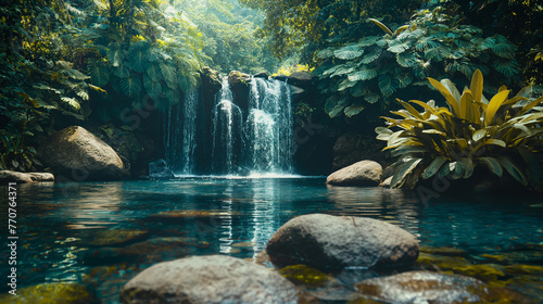 Beautiful waterfall in tropical forest. Nature background with copy space.Beautiful waterfall in the tropical forest. Waterfall in the jungle.Waterfall in tropical forest  Thailand. Nature background.