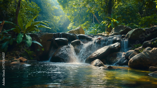 Beautiful waterfall in tropical forest. Nature background with copy space.Beautiful waterfall in the tropical forest. Waterfall in the jungle.Waterfall in tropical forest, Thailand. Nature background.