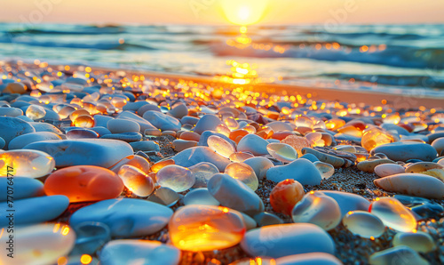 seaside sandy beach, large areas of transparent white, red, yellow pebbles, like glass, covering the whole beach, 