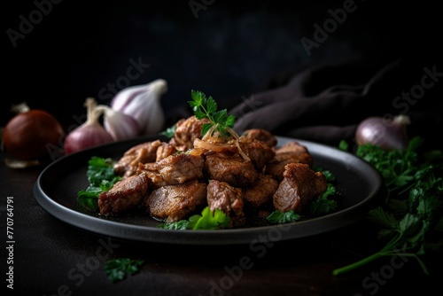 Fried chicken liver with onions and parsley in a plate on Dark background