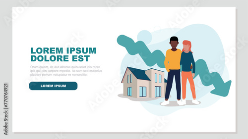Adobe IlluVektor-Illustration eines Paares, das vor seinem Haus steht, mit einer abfallenden Börsenkurve im Hintergrund - Immobilienkonzeptstrator Artwork
