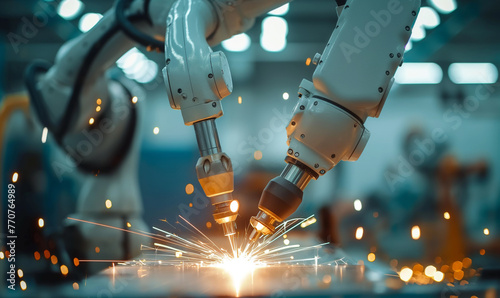 Industrial robotic arms engaged in precision welding, with sparks flying, in a high-tech manufacturing environment.