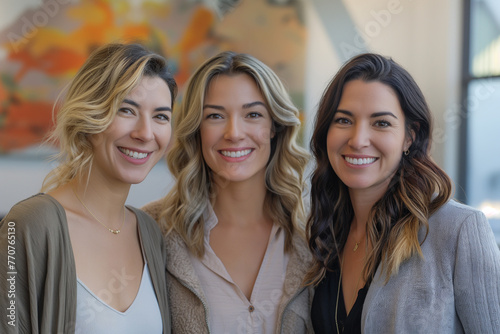 Three smiling friends share a close and joyful moment together, radiating happiness and friendship in a warm, inviting setting.