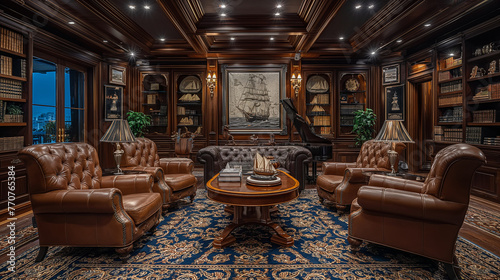 Inside the opulent clubhouse of an exclusive yacht club, members relax in plush leather armchairs and admire the nautical-themed decor, with model ships and vintage sailing memorab