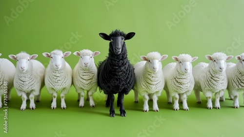 Flock of sheep with one black on black background. Other thenn all concept. Generative AI. photo
