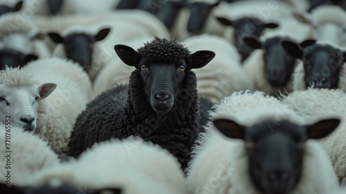 One black sheep in a herd of white sheep. 