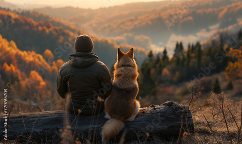 A person and their loyal dog sit side by side on a log, peacefully observing a breathtaking autumn sunset over a forested valley. © sumroeng