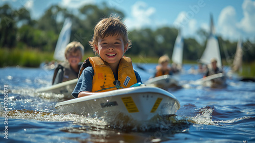 A group of children participates in a youth sailing program offered by the yacht club, learning the basics of seamanship and boat handling under the guidance of experienced instruc photo