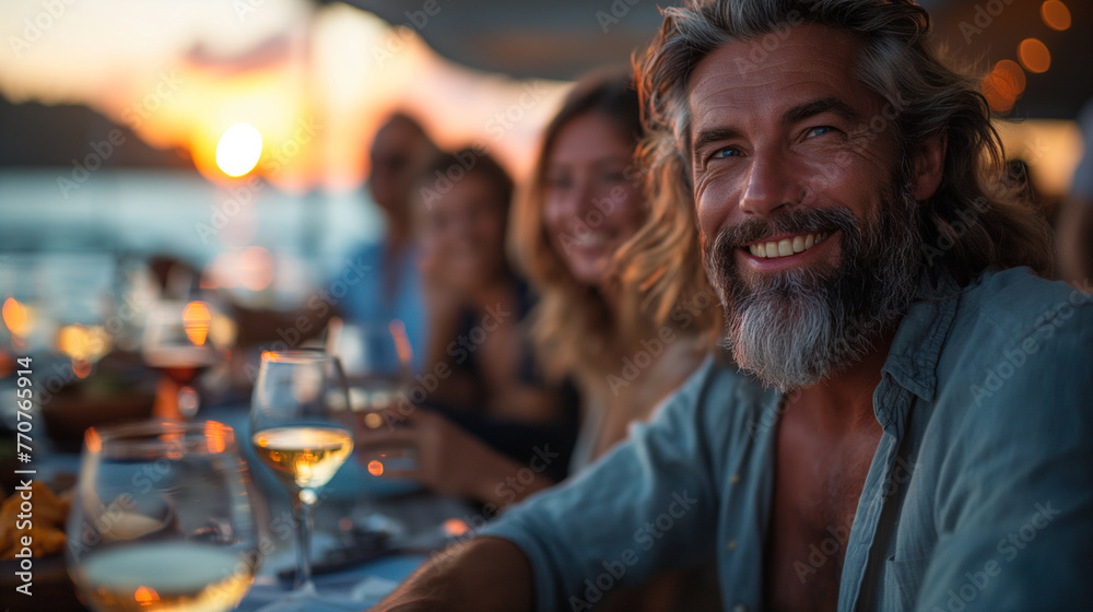 A group of avid sailors gathers at the yacht club's waterfront bar and grill to swap stories of their latest adventures at sea, their laughter mingling with the sound of clinking g