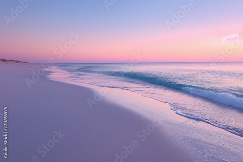 Peaceful dawn breaking over a serene beach, with gentle waves lapping at the pristine sand under a pastel sky.