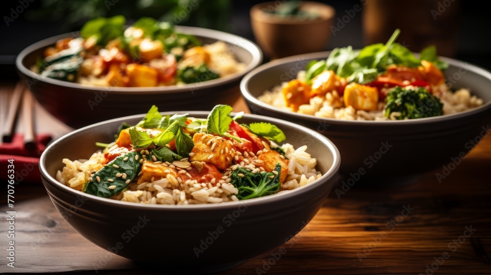Three Bowls Filled With Rice and Vegetables on a Table Three Bowls Filled With Rice and Vegetables on a Table