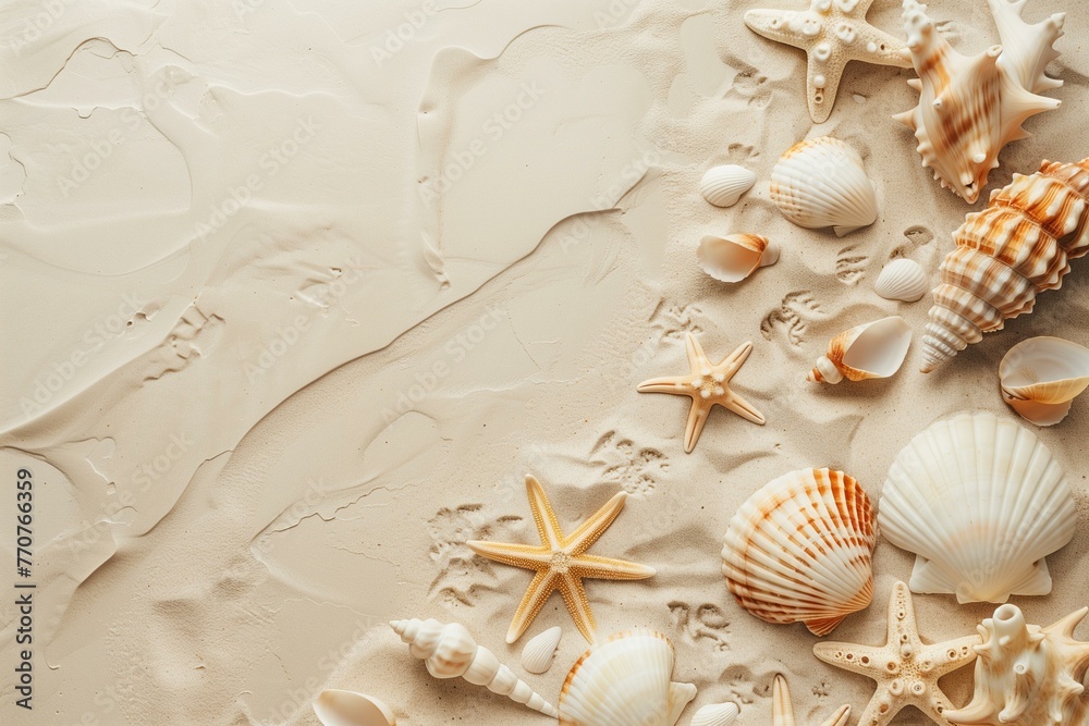 Assorted Seashells and Starfish on a Sandy Beach Assorted Seashells and Starfish on a Sandy Beach