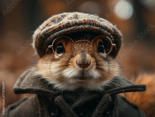 Adorable and cute squirrel portrait wearing retro and vintage clothes, retro accessories, nostalgia, vintage, 1800s, 1900s, 1920s, 1950s, 1960s, 1980, 1990, 2000s
