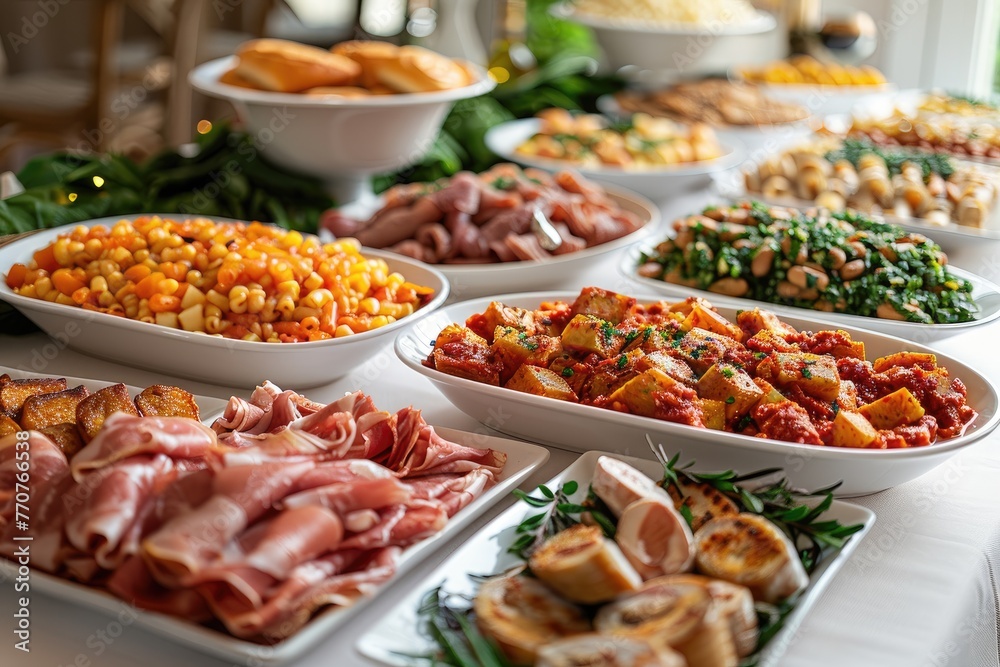 luxurious decoration of white tablecloths with lots of finger food prepared professional advertising food photography