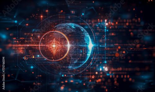 Futuristic visualization of a digital Earth with glowing network connections and data exchange flows, representing global communication.