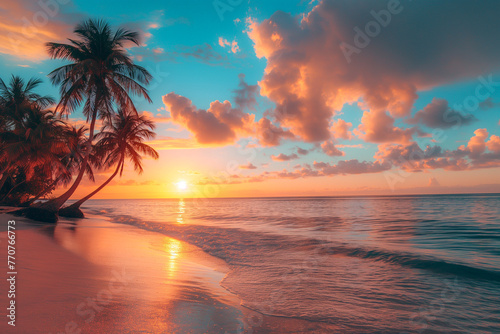 The sun dips below the horizon, casting a warm glow over a serene tropical beach lined with the silhouettes of palm trees.