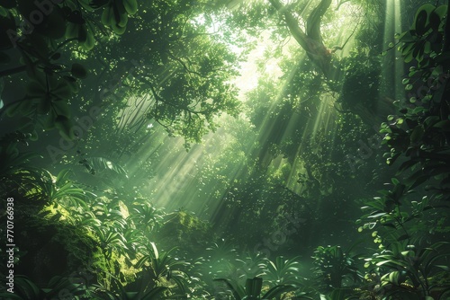 The mysterious and enchanting atmosphere of a misty forest at dawn  with rays of sunlight piercing through the trees.