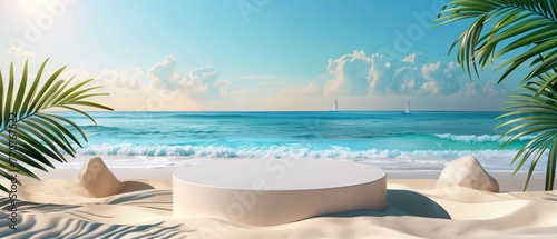 Beach podium background product summer sand display stand sea cosmetic. Product summer background podium beach sky scene presentation platform nature blue pedestal beauty water mockup stone palm sun