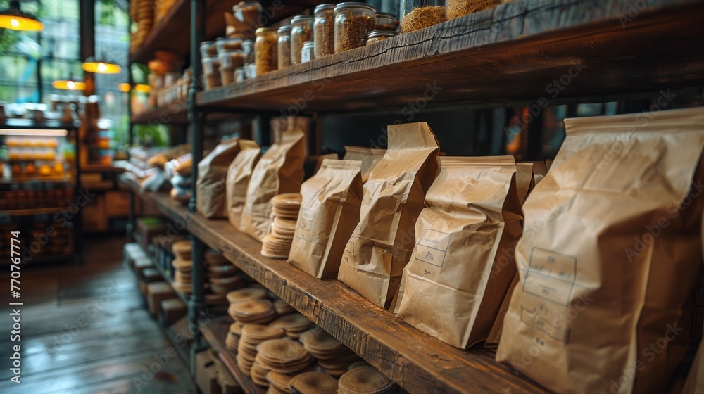 Market Treasures: Brown Paper Bags and Jars on Grocery Store Shelves. Country Store Charm. Rural Pantry Essentials.