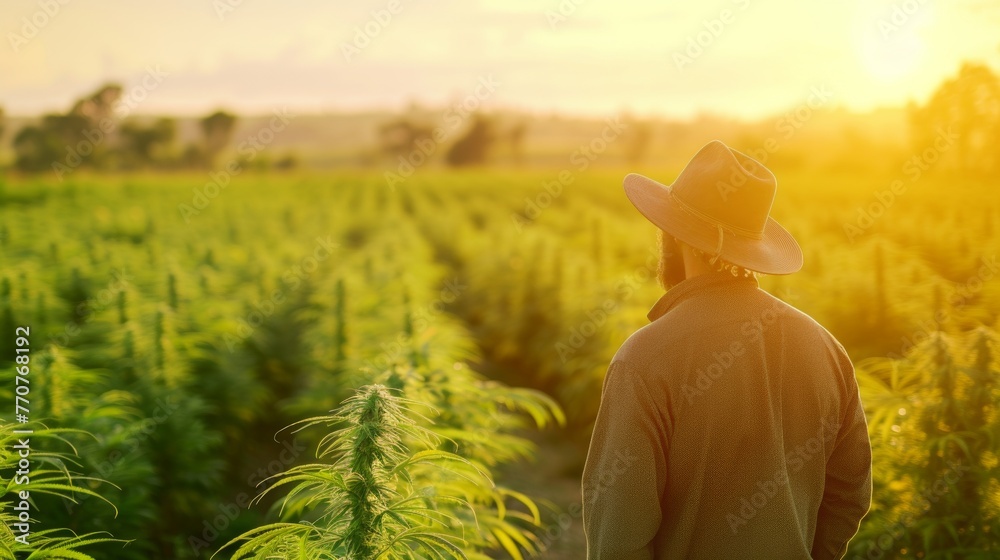 Fototapeta premium Back view of a male farmer in field with cannabis plant growing in a large outdoor plantation farm.