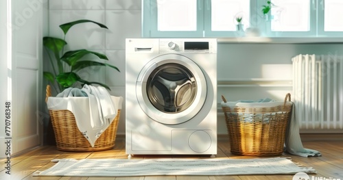 Modern Washing Machine and Baskets in Stylish Home Interior