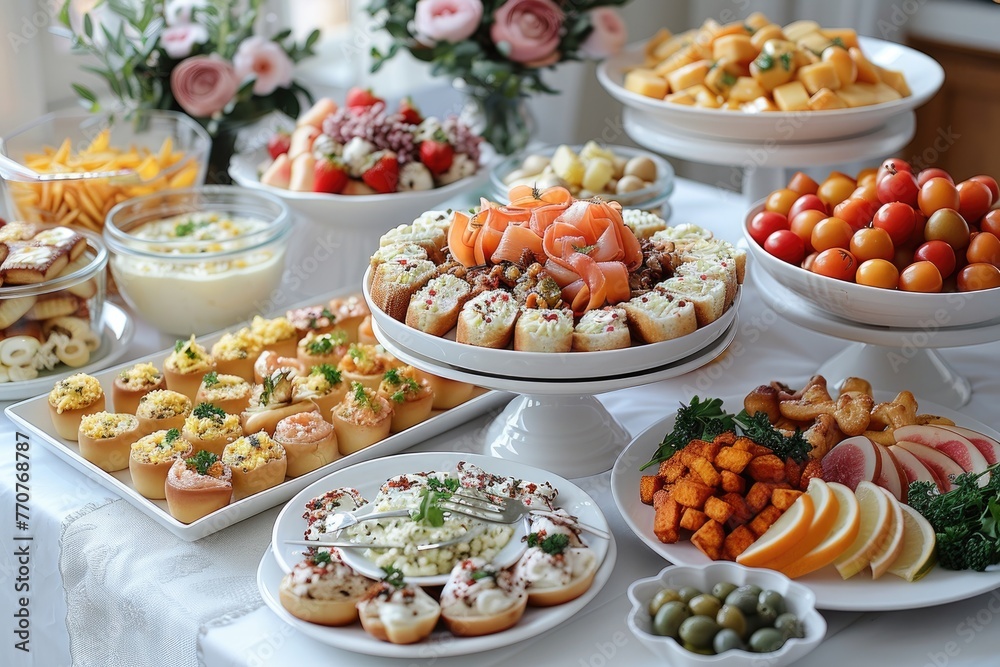 luxurious decoration of white tablecloths with lots of finger food prepared professional advertising food photography luxurious decoration of white tablecloths with lots of finger food prepared professional advertising food photography