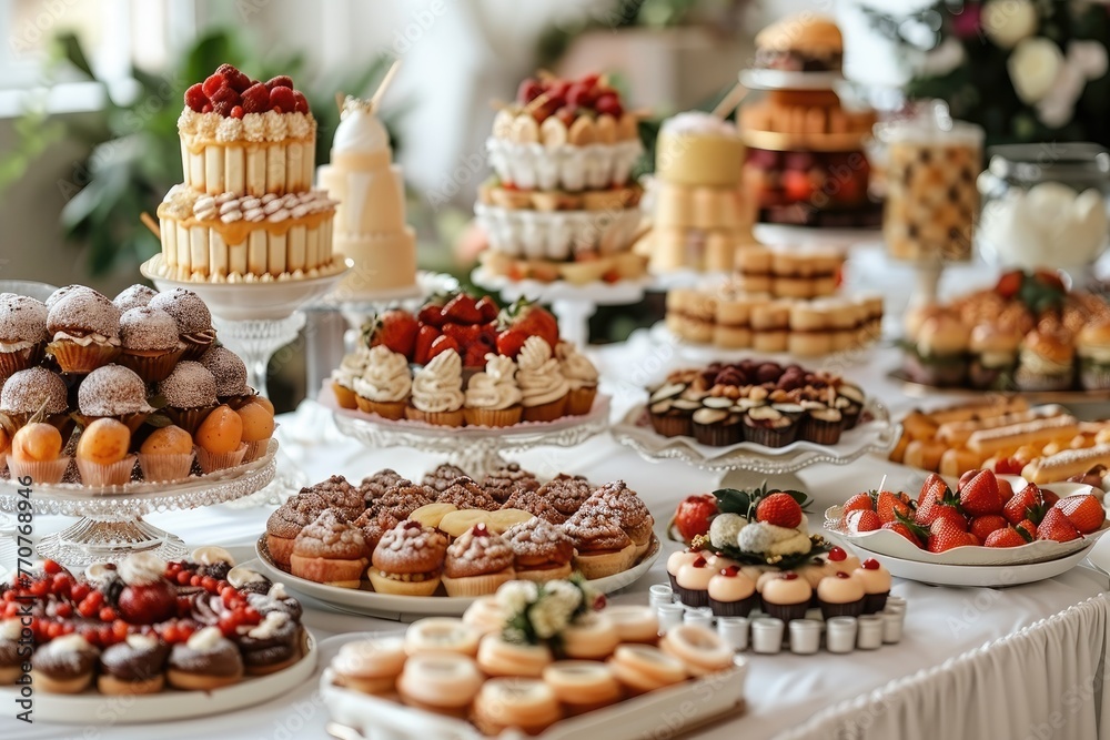 luxurious decoration of white tablecloths with lots of finger food prepared professional advertising food photography