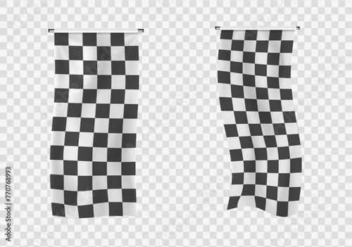 Beginners, trim and checkered vinyl banners with folds. Collection of starting, finishing, and checkered sports flag. Set of illustrations of start or end sign. 