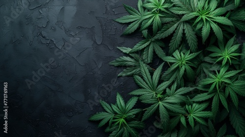 Cannabis plant leaves over dark background.