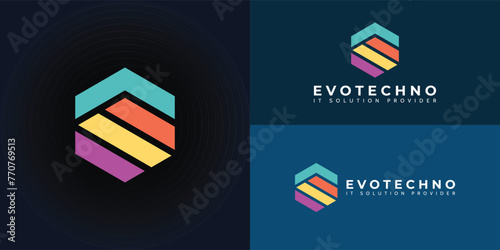 Free Download abstract initial letter ET or TE logo in a hexagon shape in blue, orange, yellow, and violet color isolated on multiple background colors. The logo is suitable for IT provider solution logo design - GFXLoad