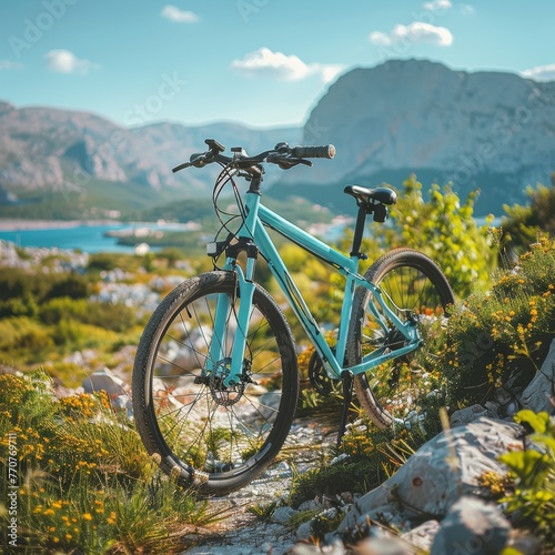 A blue mountain bike is parked on a rocky hillside