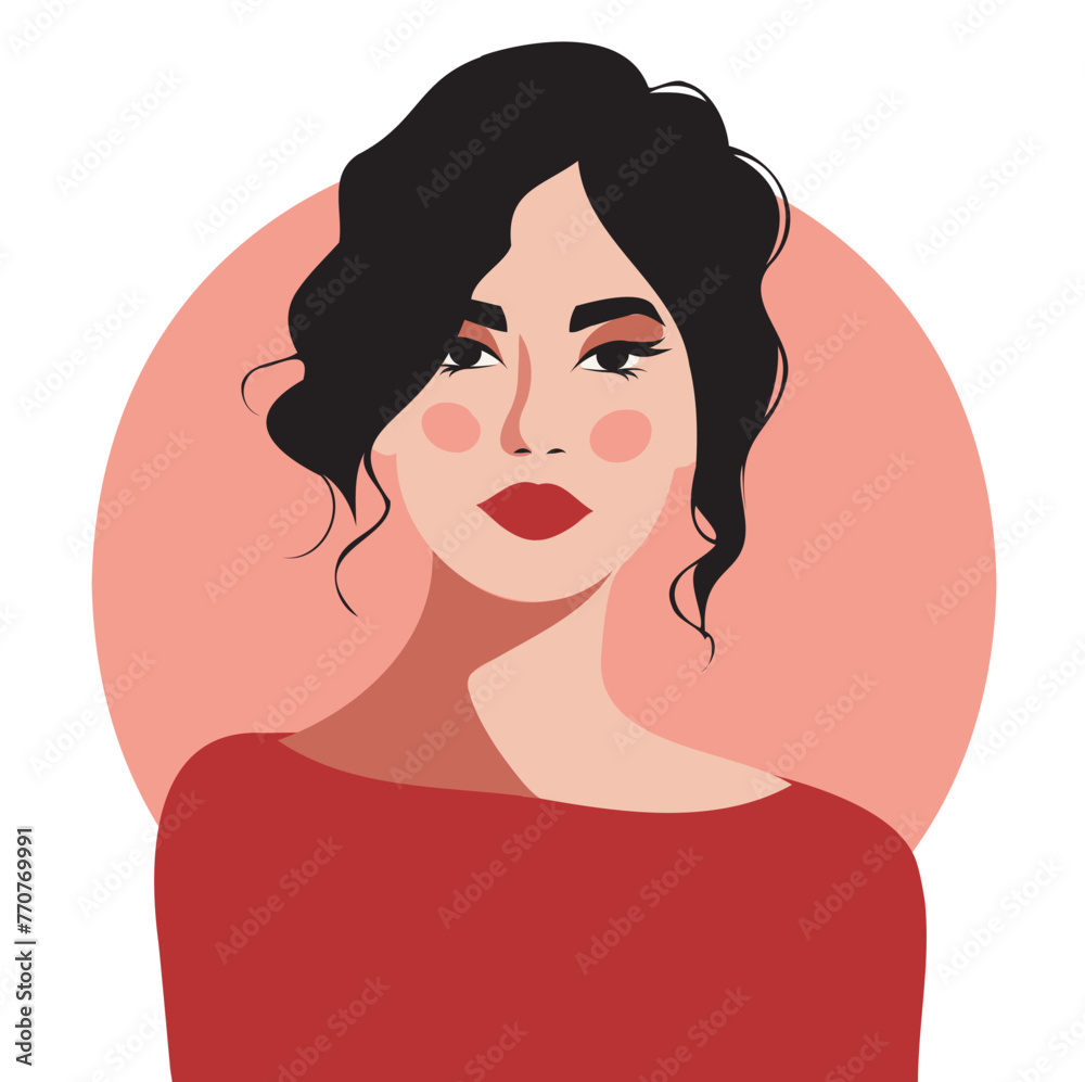 Vector flat illustration of bright portrait of woman brunette avatar on pink background. Avatar icons user profile media, design and development of websites and applications, icons Vector flat illustration of bright portrait of woman brunette avatar on pink background. Avatar icons user profile media, design and development of websites and applications, icons