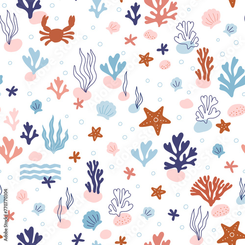 Natural seamless pattern with undersea flora and fauna, sea or ocean life. Undersea backdrop with coral, algae, starfish, shells. Beautiful coral reefs. Flat vector illustration
