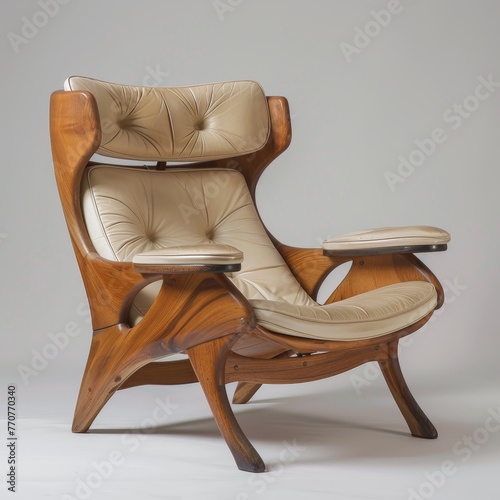 A wooden chair with a tan seat and backrest