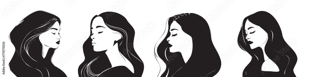Vector set of woman portrait silhouette of head, hair, face profile, vignette. Hand drawn black vector illustration on white background. Design for invitations, cards