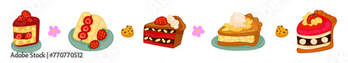 Bakery and pastry shop desserts banner set. Cake, cake slices, chocolate brownie, fruit dessert, cherry, strawberry, cookie and caramel. Vector illustration.