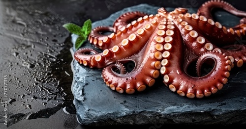 Succulent Octopus Resting on Stone Board Against Black Backdrop