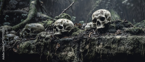 Human skulls and bones of ancestors displayed on an old stone wall ruin, reminiscent of skull island in Balinese jungle.