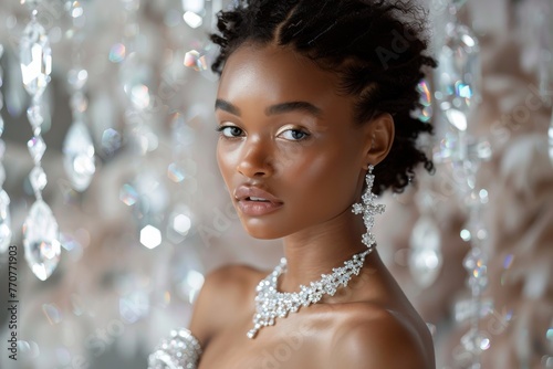 High-fashion editorial shot featuring a model adorned with elegant diamond jewelry, highlighting the brilliance and luxury of the diamonds against a sophisticated, minimalist backdrop.