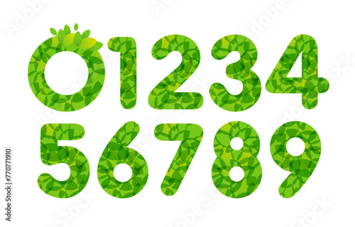 Set of spring or summer numbers from 0 to 9 with green leaves. Sale concept. Happy anniversary idea. Decorative elements for organic or natural goods. Vector graphic. Isolated digits. Cute icons. photo