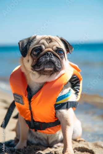   of a pug dog wearing a bright orange life jacket, with a concerned expression, against a blurred water background Concept: safety, pet care, adventure © Vi