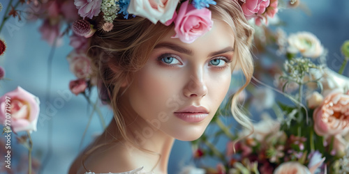 Young woman Beauty Model Girl with Flowers Hair. Bouquet of Beautiful Flowers