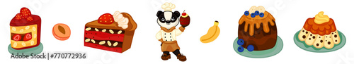 Cute confectioner character. Cakes and pastries making process, cute chef and sweets. Cake vector chocolate confectionery and sweet dessert in bakery set. For poster, card, scrapbooking , stickers