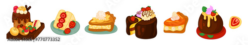 Bakery and pastry shop desserts banner set. Cake, cake slices, chocolate brownie, fruit dessert, cherry, strawberry, cookie and caramel. Vector illustration.