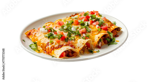 New mexican flat enchiladas on plate isolated on white background