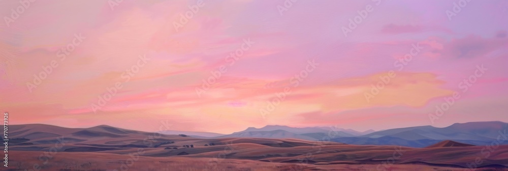 Wide banner photo capturing the serene beauty of rolling hills under a pastel sunset sky, creating a tranquil and dreamy landscape
Concept: serenity, landscape, beauty, tranquility