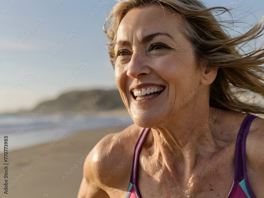 © Jordi E. - primer plano de la cara de una mujer de avanzada edad sonriente corriendo por la playa con un bañador colorido.Ai